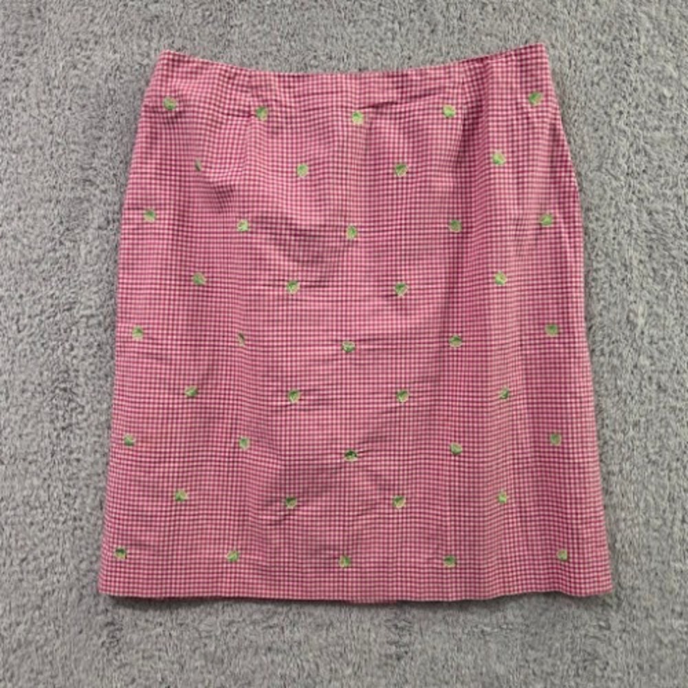 Talbots Gingham Pencil Skirt Women 8 Pink White Embroidered Lime Stretch Vintage
